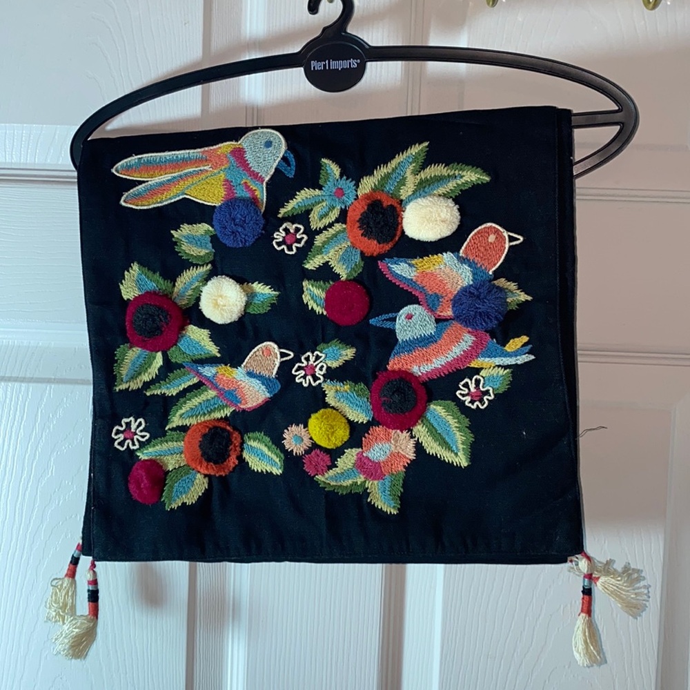 Pier 1 Pom Poms & Embroidered Tropical Birds Black Background 72" Table Runner